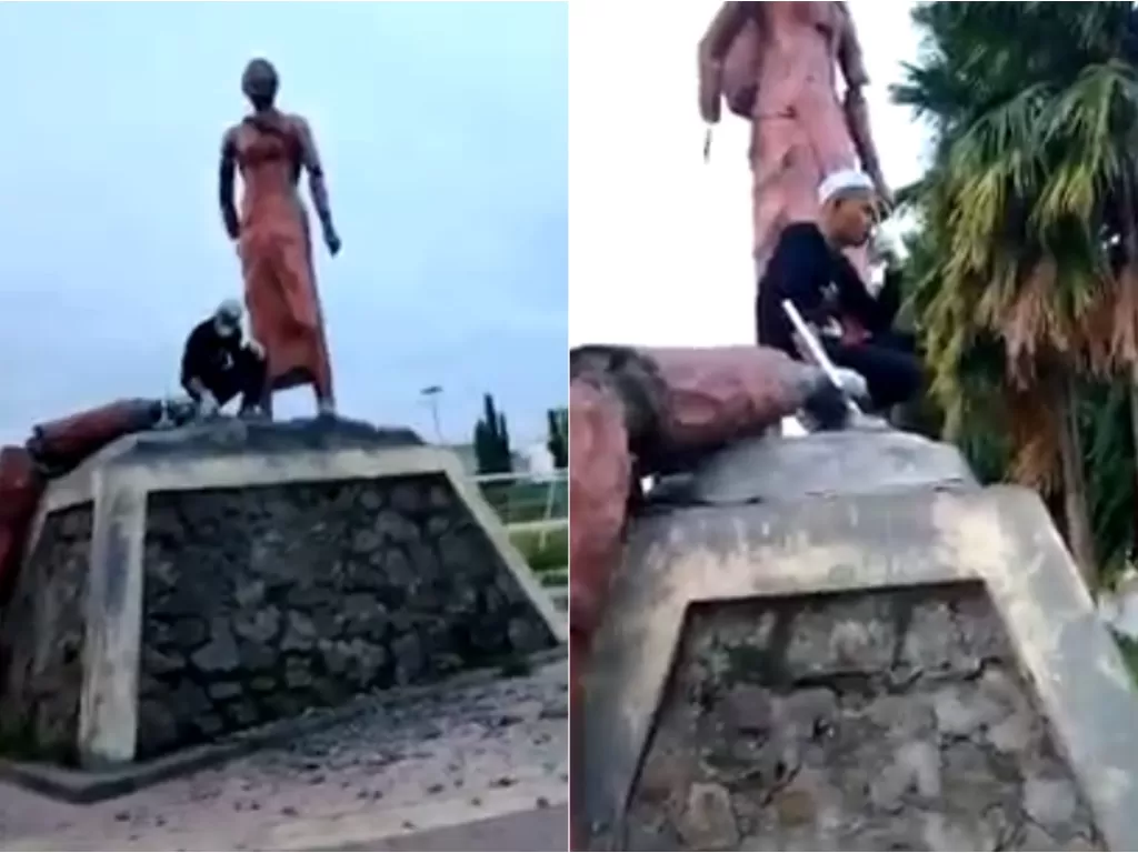 Patung Tugu Tani di Alun-alun Kecamatan Wonomulyo dihancurkan ODGJ (Facebook/Manakarra Time)