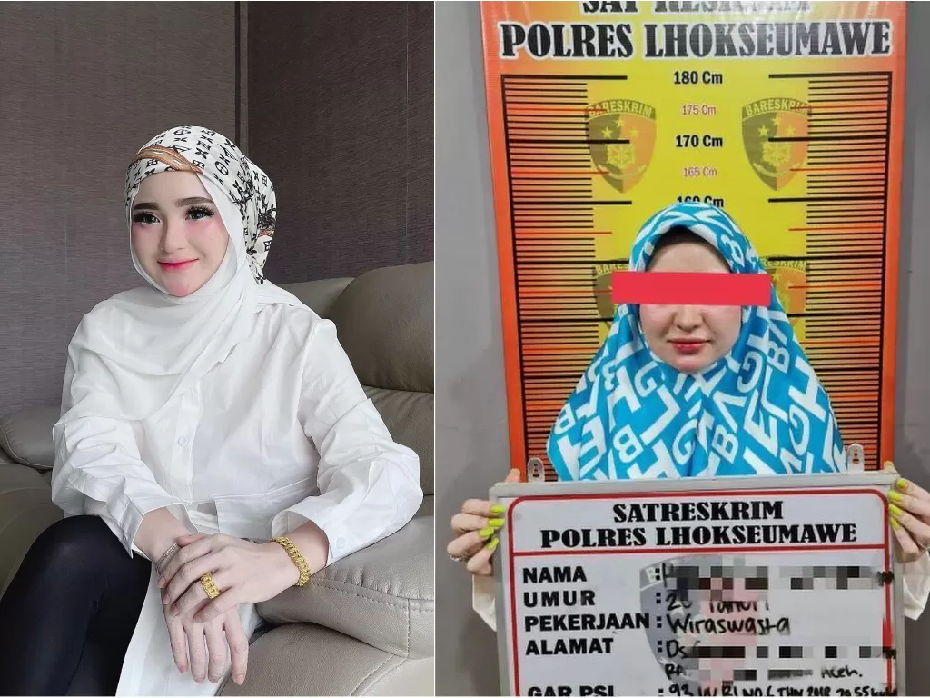 Kiri: Herlin Kenza sebelum jadi tersangka (Instagram/herlinkenza) / Kanan: Herlin Kenza setelah jadi tersangka (Dok. Polda Aceh)