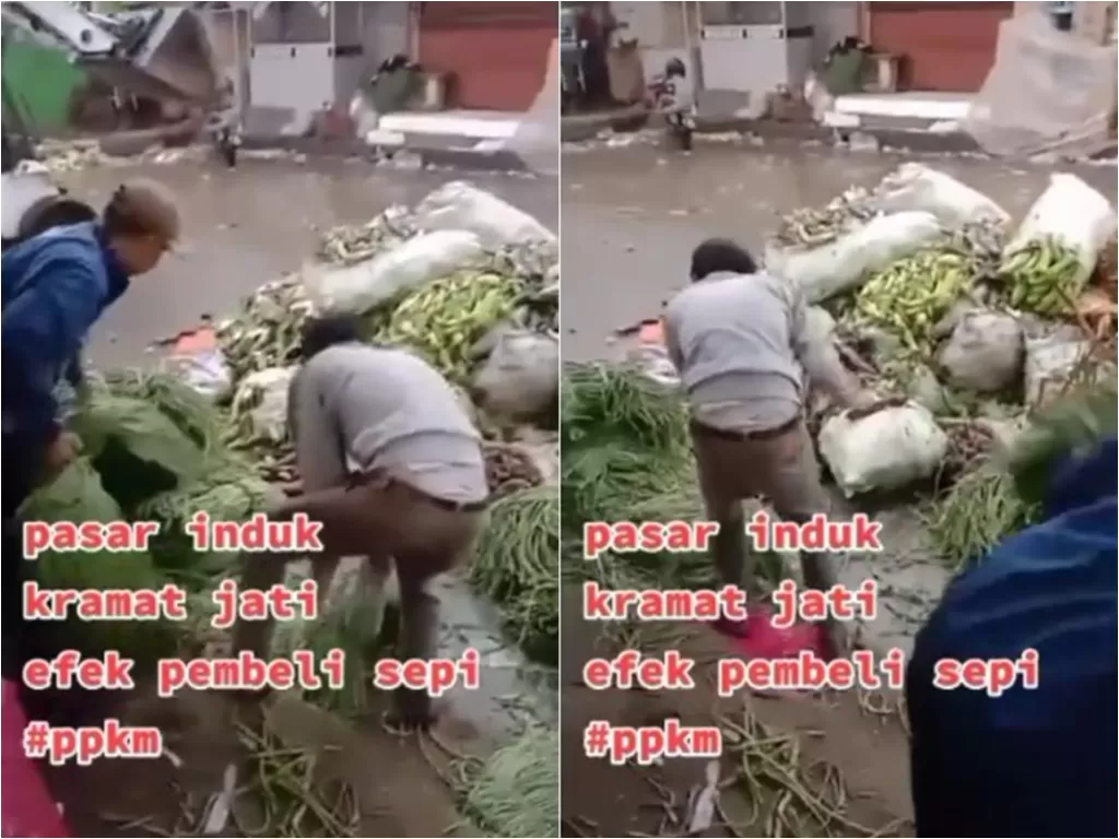 Pedagang Pasar Induk Kramat Jati buang sayur jualannya dampak PPKM (Instagram/kamerapengawas)