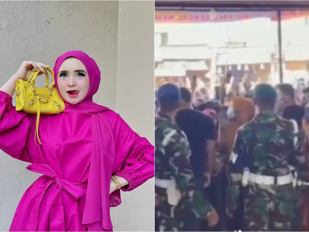 Herlin Kenza. (Instagram/@herlinkenza) / TNI yang disebut mengawal kerumunan Herlin. (Istimewa)