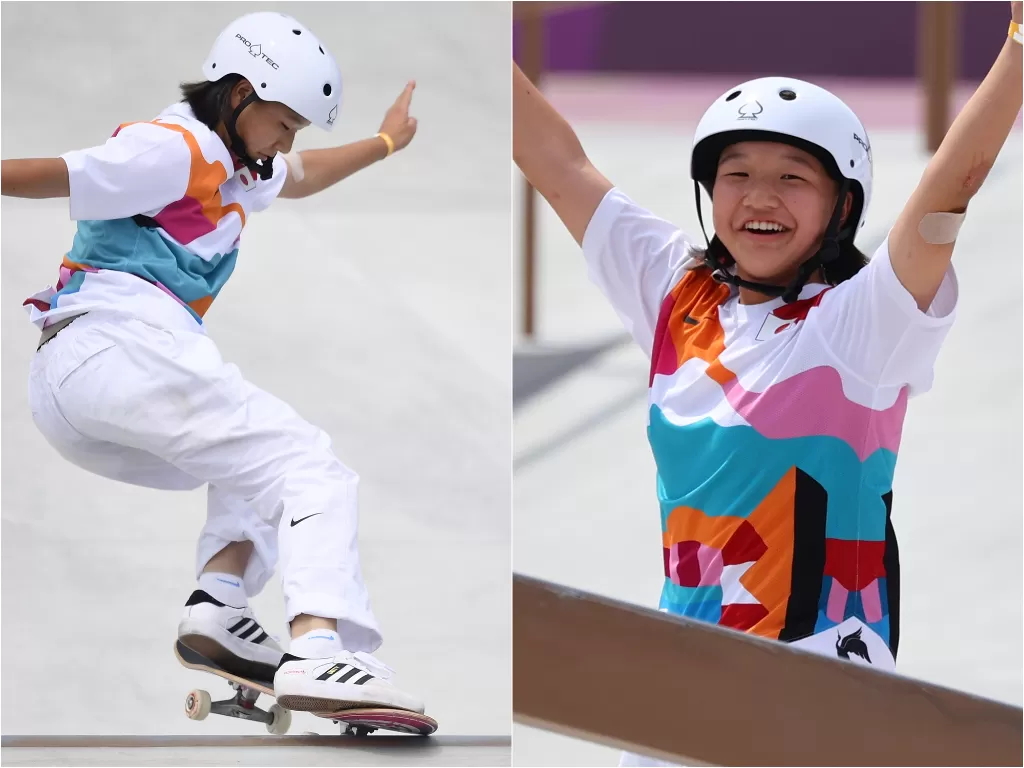 Olimpiade Tokyo 2020 - Skateboard Wanita - Final - Ariake Urban Sports Park - Tokyo, Jepang - 26 Juli 2021. Peraih medali emas Momiji Nishiya dari Jepang. (photo/REUTERS/Lucy Nicholson/Toby Melville)