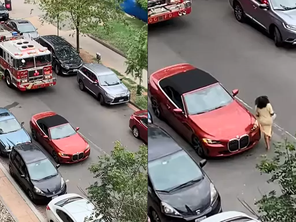 Mobil BMW 4 Series yang menghalangi jalan mobil pemadam kebakaran (photo/YouTube/Hi im Potato)