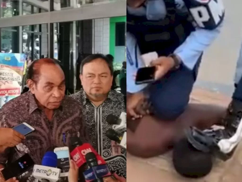 Kanan: Freddy Numberi (Antara) | Kiri: Dua oknum TNI AU menginjak kepala seorang warga penyandang disabilitas di Merauke, Papua (Istimewa)