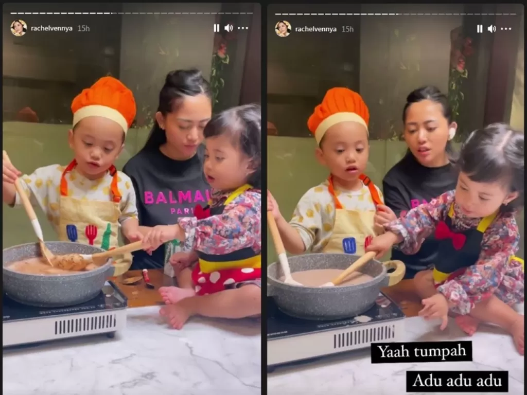 Aksi Rachel Vennya yang ajak kedua anak memasak. (Instagram/@rachelvennya)