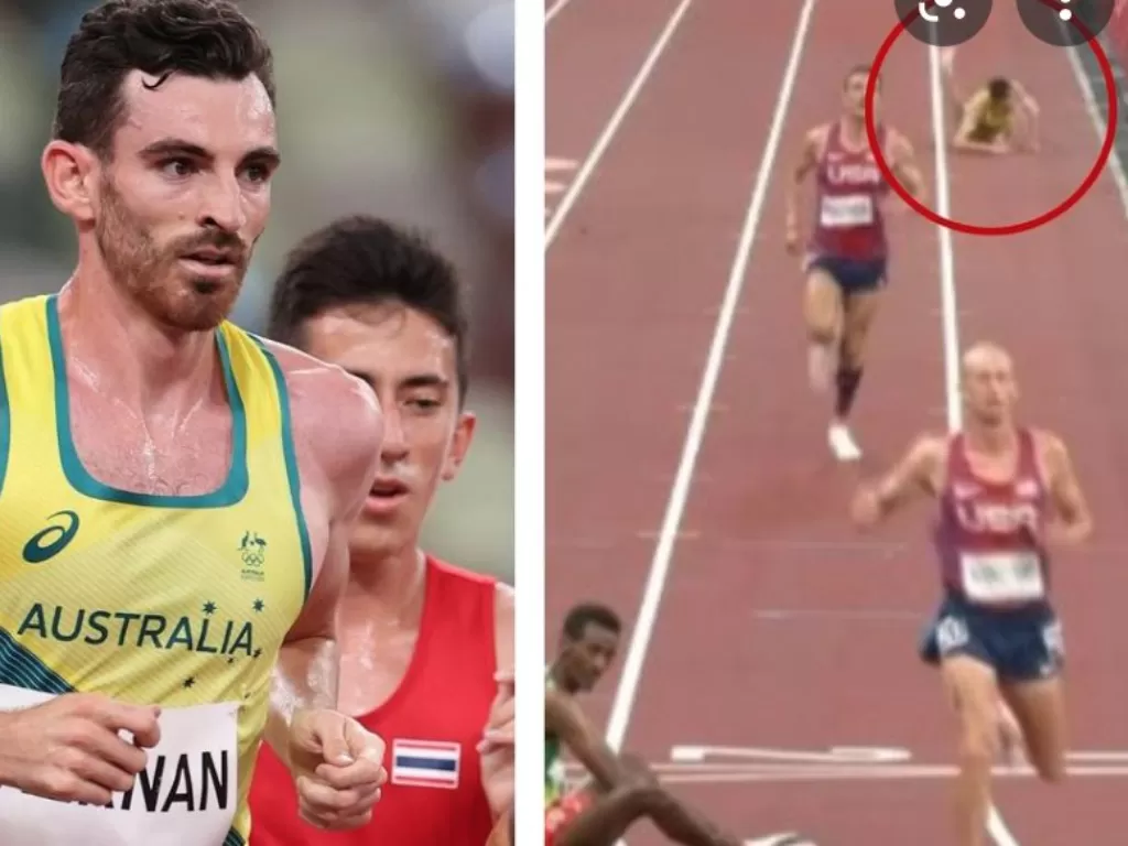 Patrick Tiernan, pelari Australia yang tumbang di Olimpiade Tokyo. (photo/Twitter/@mikehamilton01)