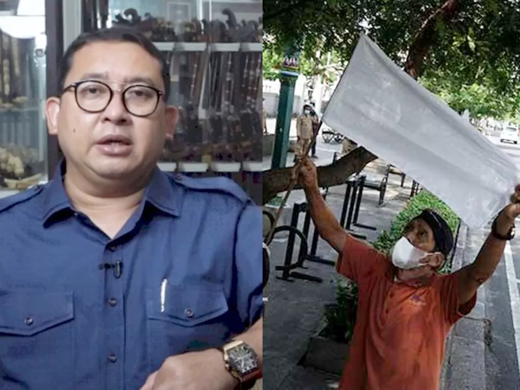 Kanan: Anggota DPR Fraksi Gerindra Fadli Zon (Youtube/Fadli Zon Official) | Kiri: Salah seorang PKL memasang bendera putih di Jalan Malioboro, Kota Yogyakarta (ANTARA)