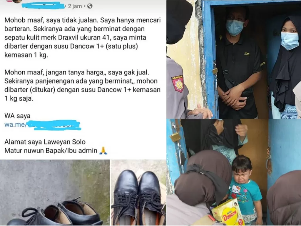 Seorang ayah di Solo tawarkan barter sepatu dengan susu. (Facebook/Info Cegatan Solo)