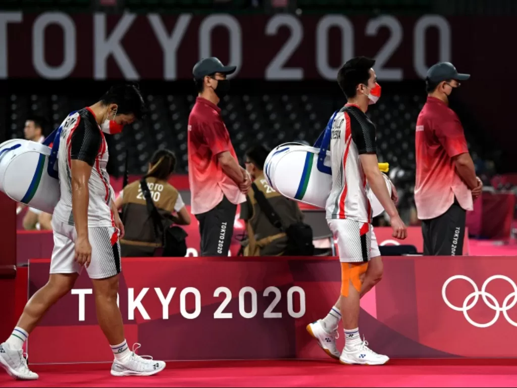 Marcus/Kevin gagal membawa pulang medali dari Olimpiade Tokyo 2020 (ANTARA FOTO/Sigid Kurniawan)