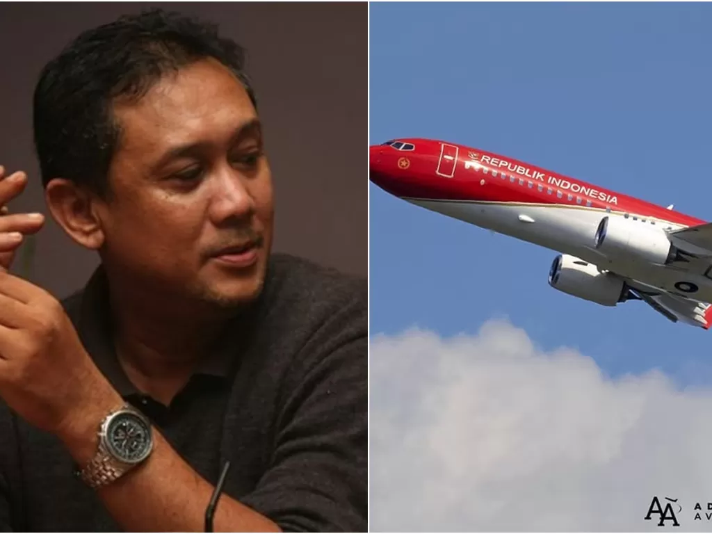 Kolase foto Denny Siregar dan pesawat Kepresidenan dicat ulang. (Instagram/adhimas_aviation)