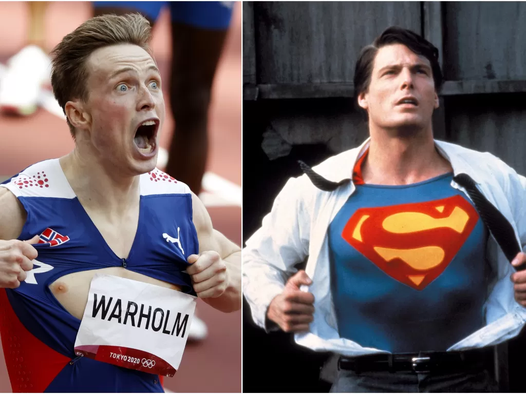 Sprinter Norwegia, Karsten Warholm (kiri), Ilustrasi superman (kanan). (photo/REUTERS/ LUCY NICHOLSON/pinterest)
