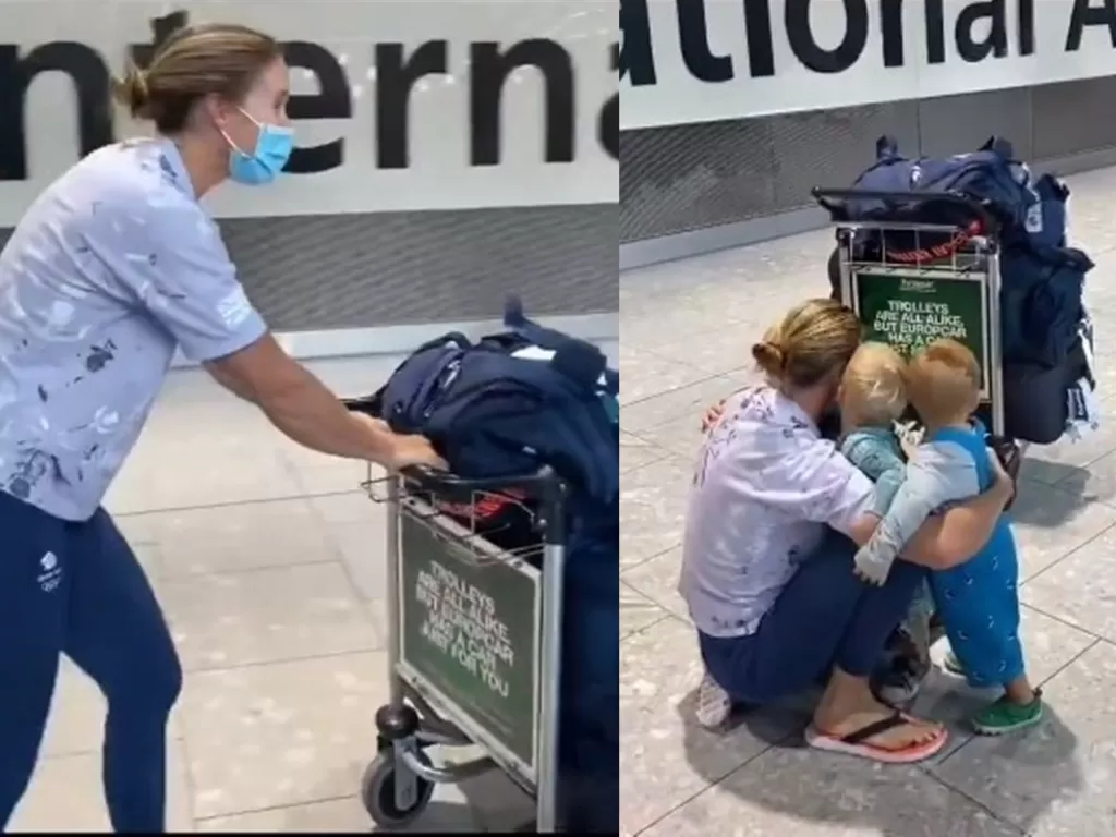 Momen atlet dayung Inggris, Helen Glover disambut oleh ketiga anaknya di bandara sepulang dari Olimpiade Tokyo. (Instagram/olympics)