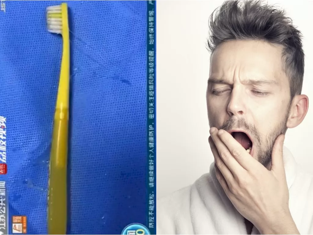 Sikat gigi yang tak sengaja ditelan pria di China. (Odditycentral) / Ilustrasi pria mengantuk. (Unsplash)
