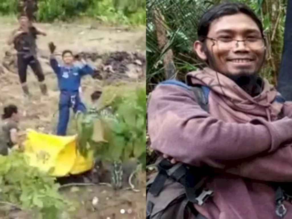 Kelompok Brimbob sedang mengevakuasi mayat kelompok teroris MIT (kiri) dan foto terduga teroris yang tewas di tempat (kanan) (foto/screenshot)