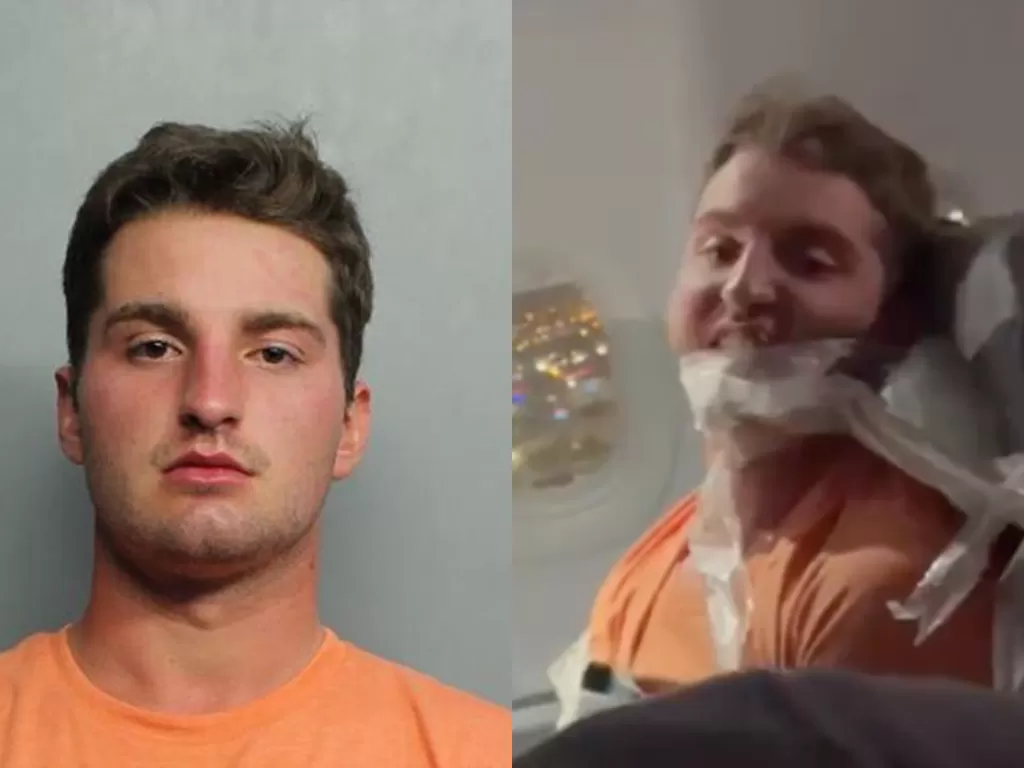 Maxwell Berry ditangkap setelah menjadi pemicu kekacauan pada penerbangan ke Florida Selatan (Twitter/Sam Sweeney)