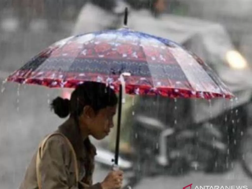 Ilustrasi: Seorang ibu dengan menggunakan payung berjalan di saat hujan lebat. (ANTARA/HO)