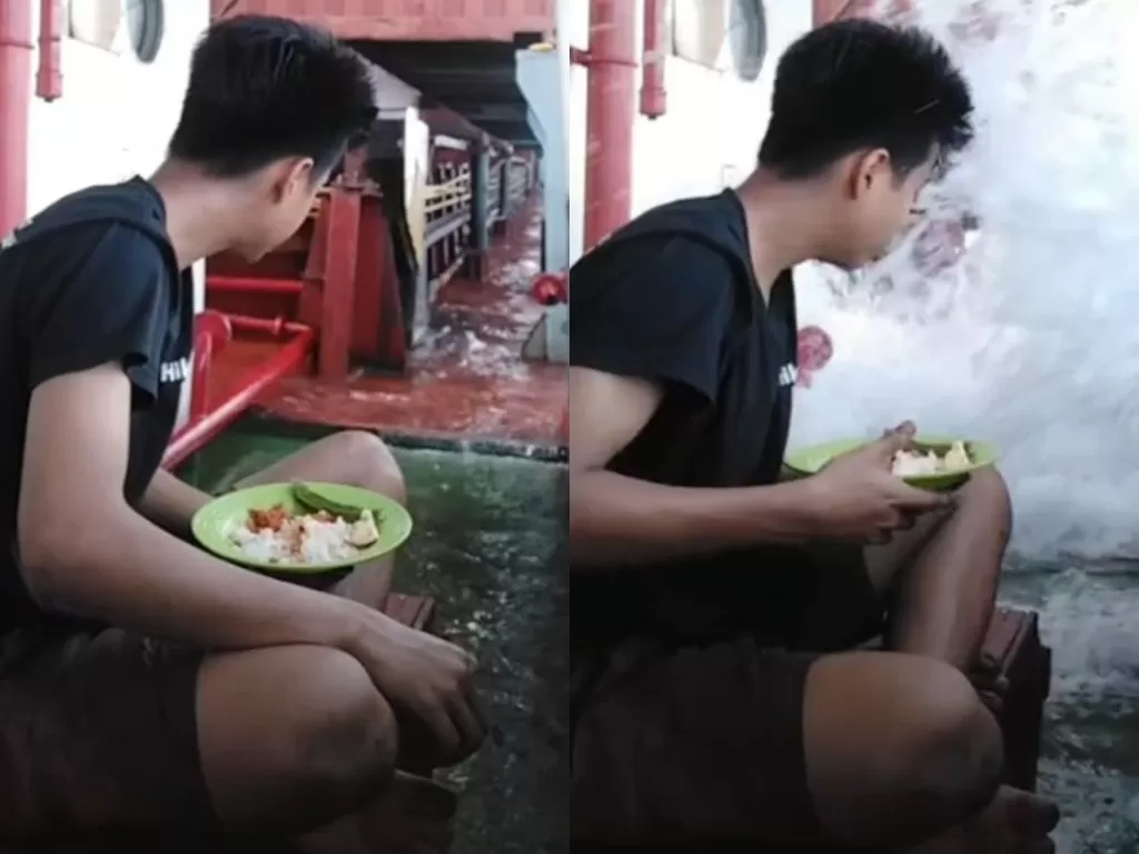 Video pria ingin melihat ombak saat makan. (Photo/TikTok/@yuslimppadli)
