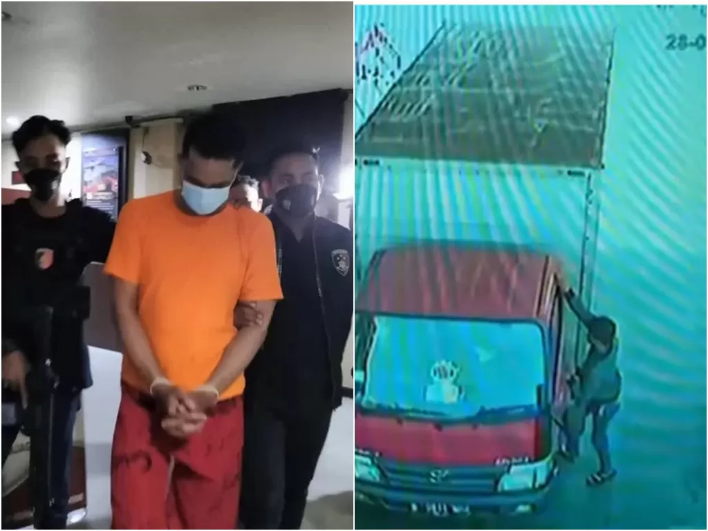 Tersangka S saat dibawa petugas untuk dihadirkan dalam jumpa pers di Polres Jakarta Barat, Jumat (6/8/2021) (photo/ANTARA/Walda/Instagram/@jakarta.terkini)
