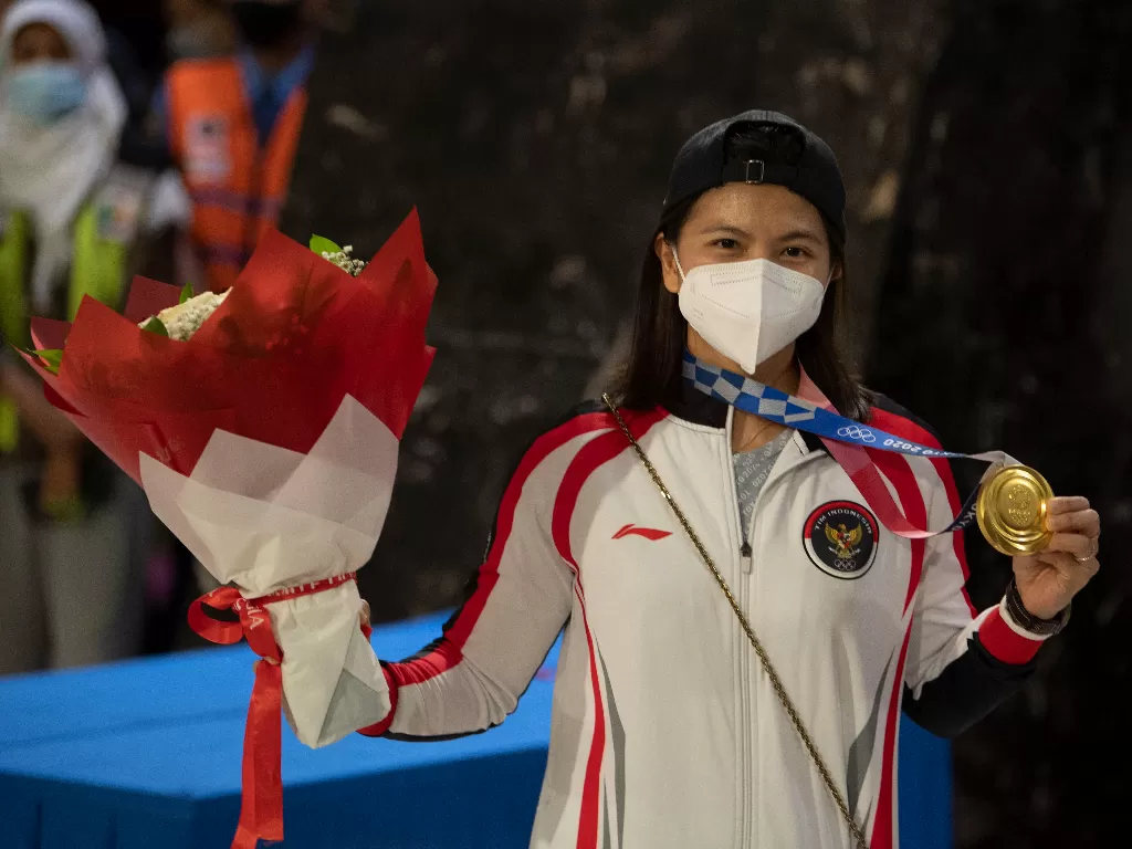 Pebulutangkis ganda putri peraih medali emas Olimpiade Tokyo 2020, Greysia Polii (ANTARA/Aditya Pradana Putra)