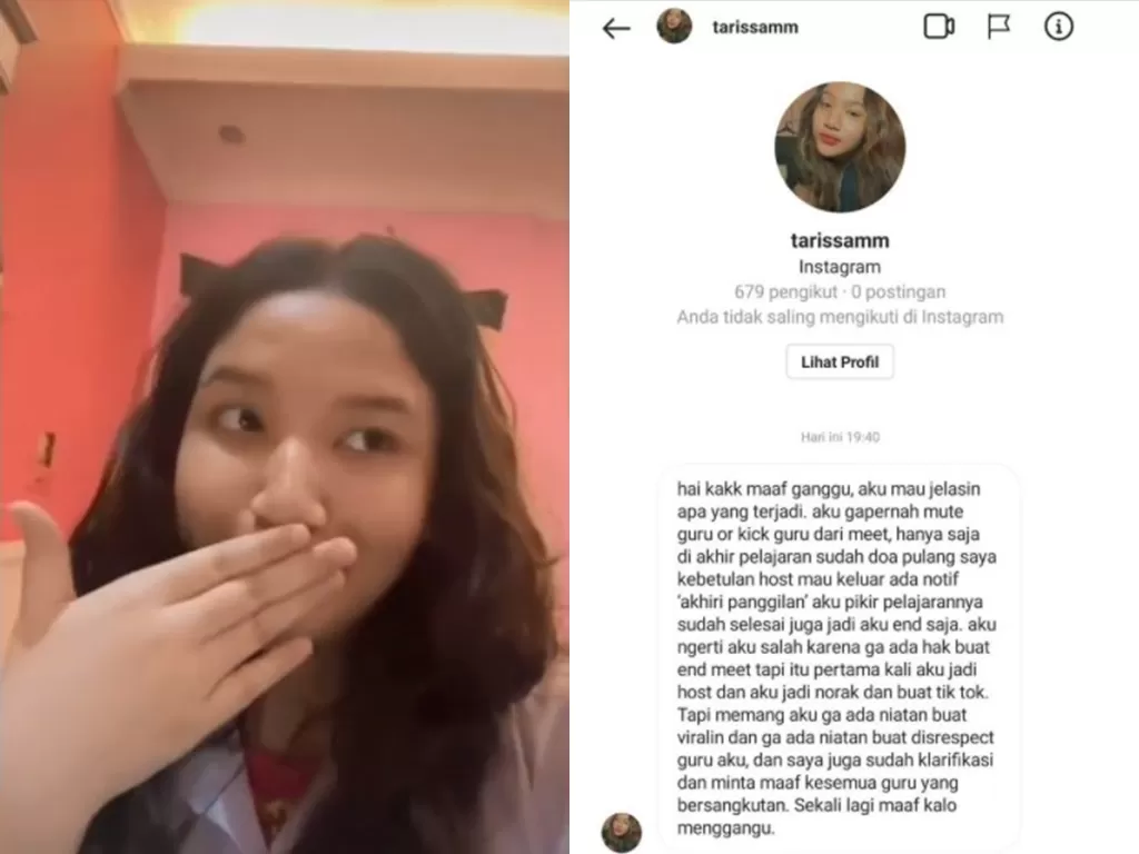 Siswi yang mengeluarkan gurunya dari kelas online minta maaf dan beri klarifikasi (Instagram/undercover.id)