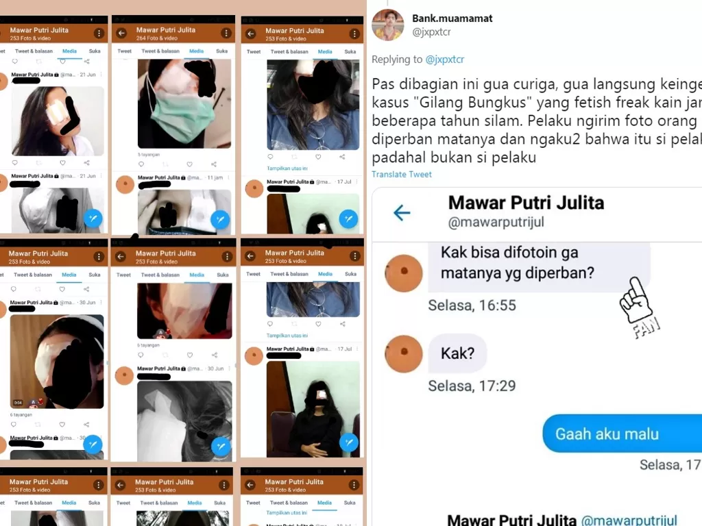 Seorang netizen mengaku hampir menjadi korban dari seseorang yang diduga memiliki fetish mata yang diperban. (Twitter/@jxpxtcr)