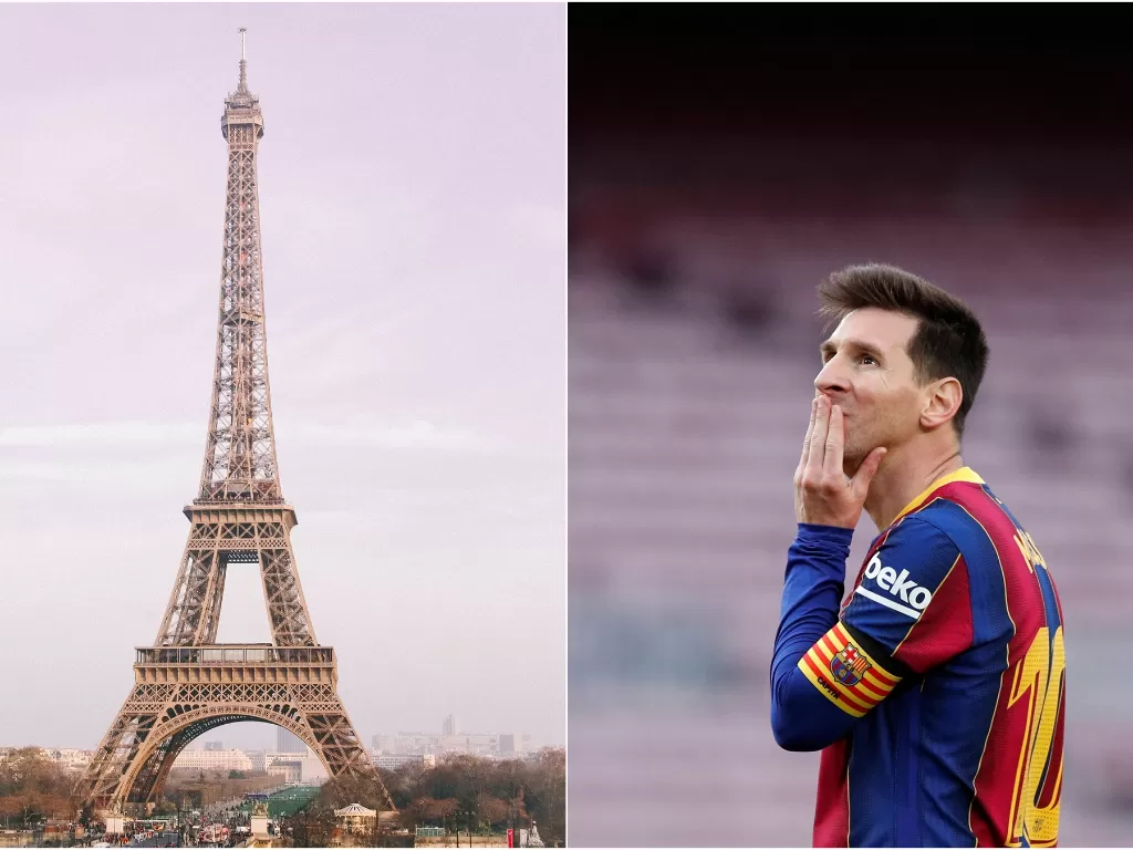 Menara Eiffel Paris (kiri), Lionel Messi (kanan). (photo/Unsplash/@xxxon/REUTERS/Albert Gea)