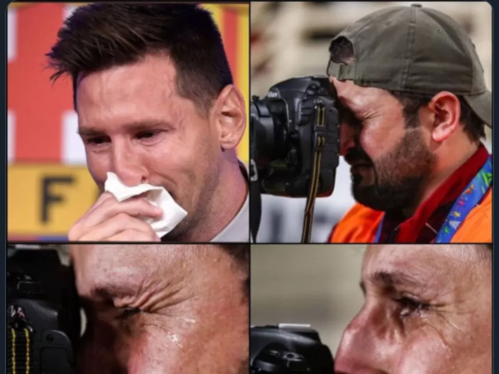 Viral kemeramen menangis saat merekam perpisahan Messi dan Barcelona. (Twitter/@FridayJaime)