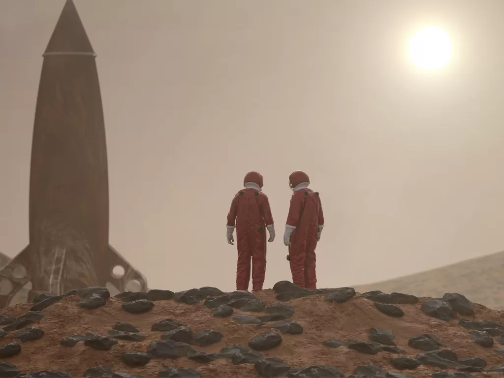 Ilustrasi dua astronaut yang berada di planet Mars (Ilustrasi/Unsplash/Mike Kiev)