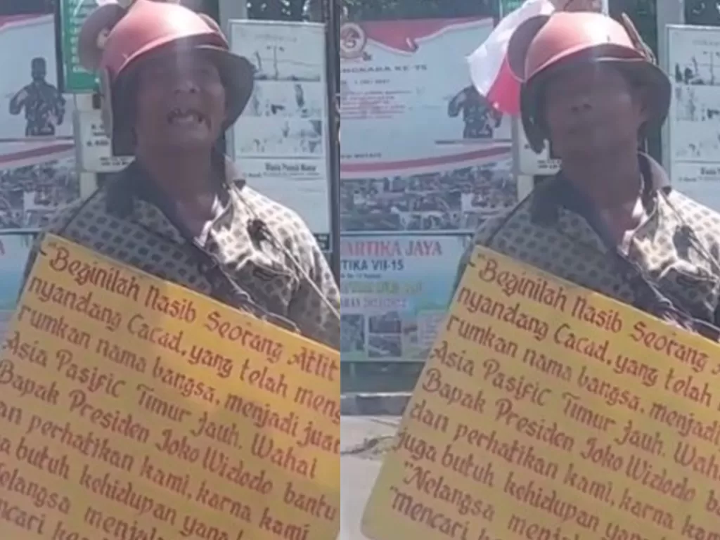 Seorang mantan atlet penyandang disabilitas memohon bantuan Presiden Jokowi di perempatan Jembrana, Bali (Istimewa)