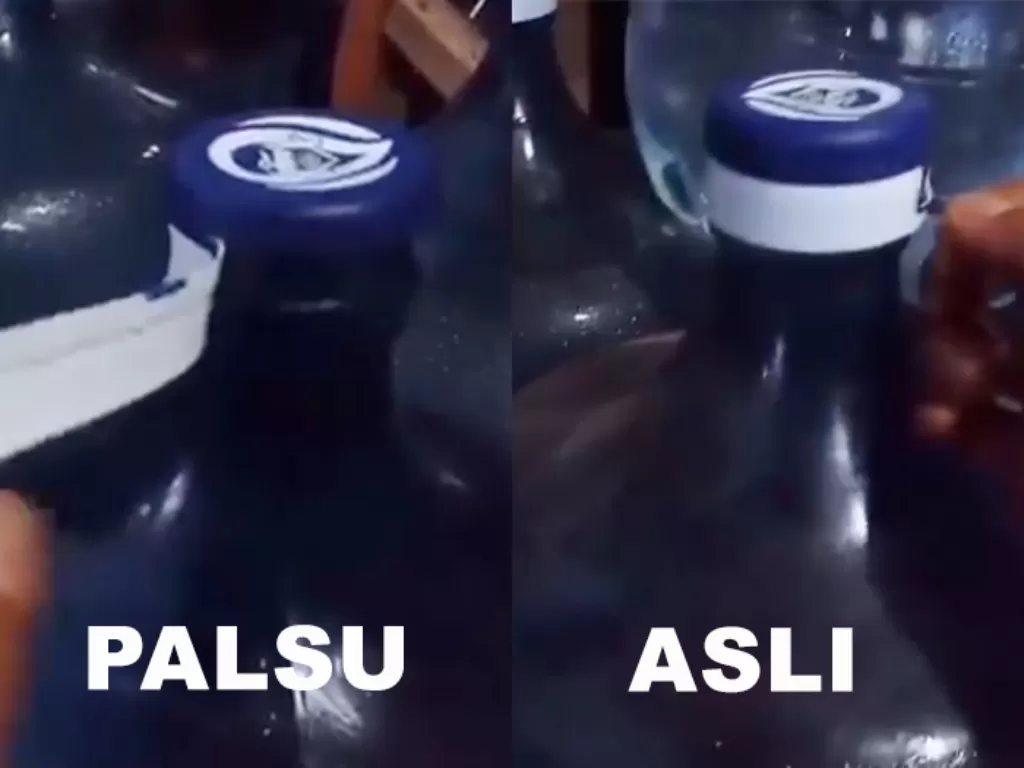Seorang pria memberitahukan cara membedakan galon Aqua asli dengan yang palsu. (Twitter/@recehin_aja)