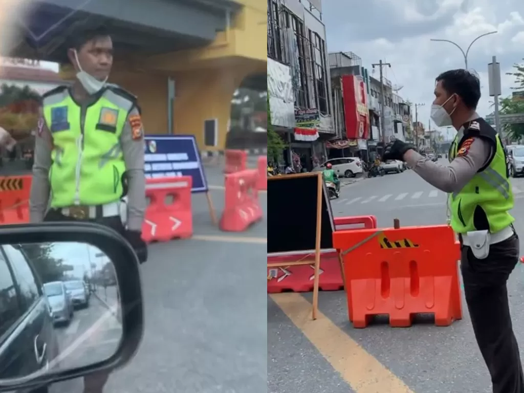 Seorang petugas polisi yang diduga bersikap arogan kepada pengendara mobil di pos penyekatan PPKM di Riau. (Tangkapan layar/Istimewa)