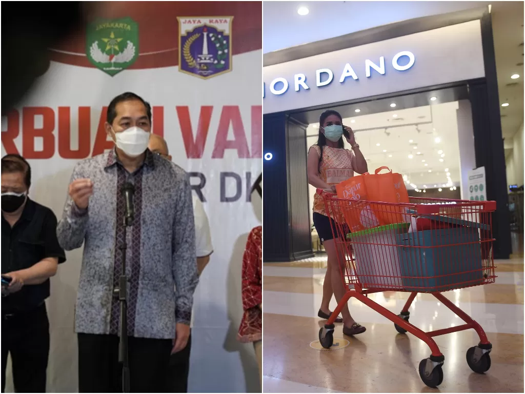 Kanan: Mendag Lutfi meninjau persiapan uji coba pembukaan pusat perbelanjaan dan mal di Jakarta. (dok.Biro Humas Kementerian Perdagangan) Suasana pusat berbelanjaan Mall Kuningan City di Jakarta, Selasa (10/8/2021). (ANTARA FOTO/Akbar Nugroho Gumay)