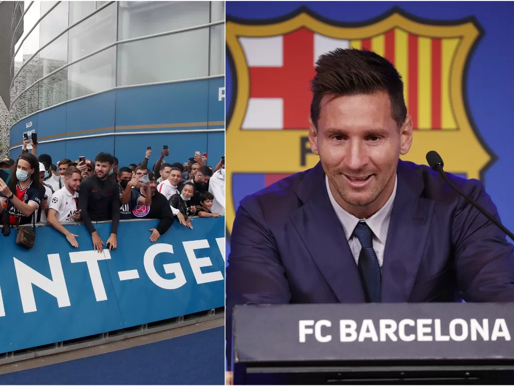 Pendukung PSG sambut kedatangan Messi di Paris (kiri), Lionel Messi saat konferensi pers di Camp Nou (kanan). (photo/REUTERS/YVES HERMANALBERT GEA)