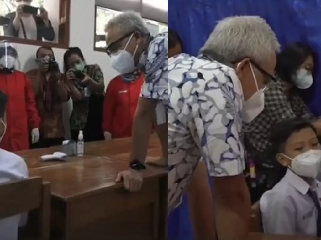 Gubernur Jawa Tengah Ganjar Pranowo memantau pelaksanaan vaksinasi pelajar yang dipusatkan di SMA N 3 Solo. (Instagram/ganjar_pranowo)