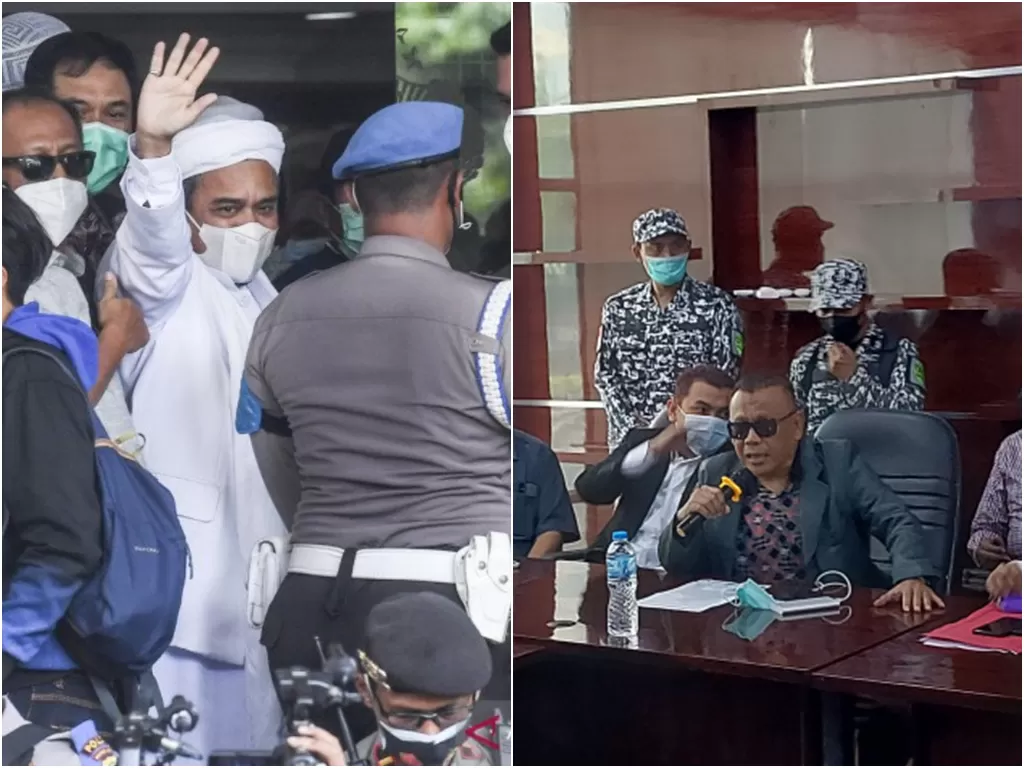 Kiri: Habib Rizieq Shihab bersiap menjalani pemeriksaan di Mapolda Metro Jaya, Jakarta, Sabtu (12/12/2020) (ANTARA FOTO/Hafidz Mubarak A/Arsip). Kanan: Tim kuasa HRS menggelar jumpa pers di Jakarta, Kamis (11/8/2021). (photo/ANTARA/Yogi Rachman)