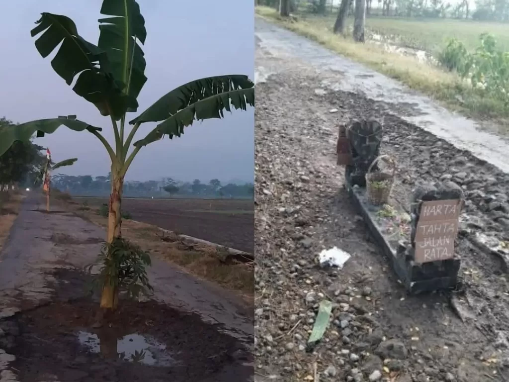 Warga tanam pohon pisang dan makam untuk protes jalan rusak. (Instagram/@kabar_klaten)