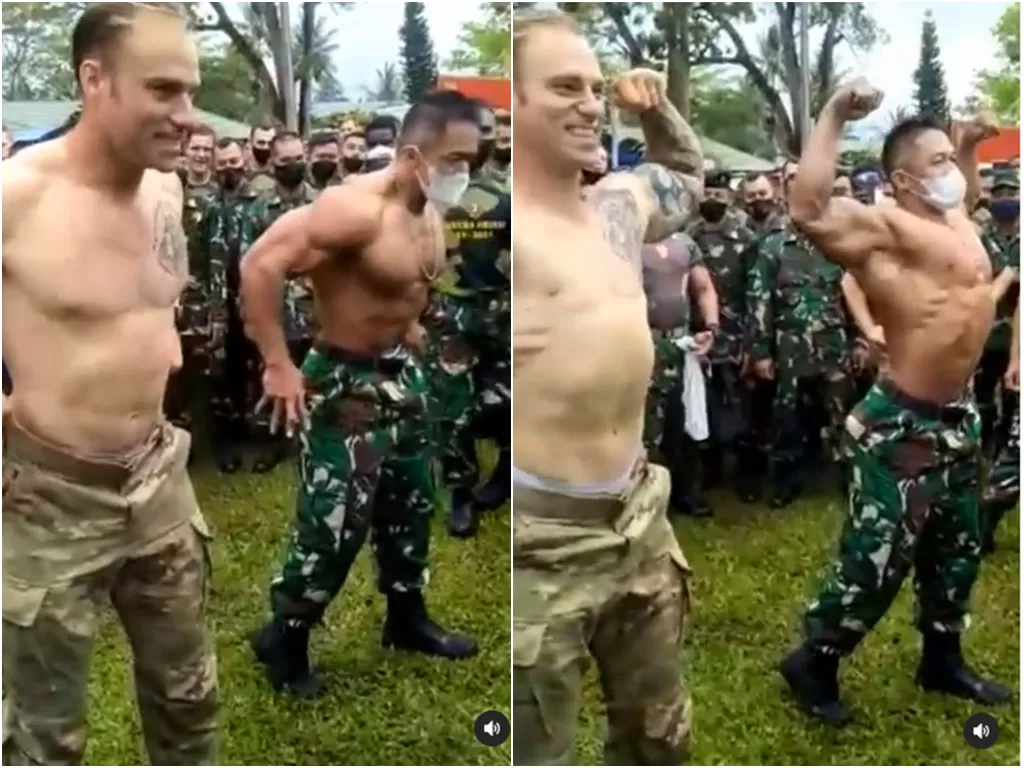 Cuplikan prajurit TNI pamer otot bersama Tentara Amerika. (photo/Istimewa)
