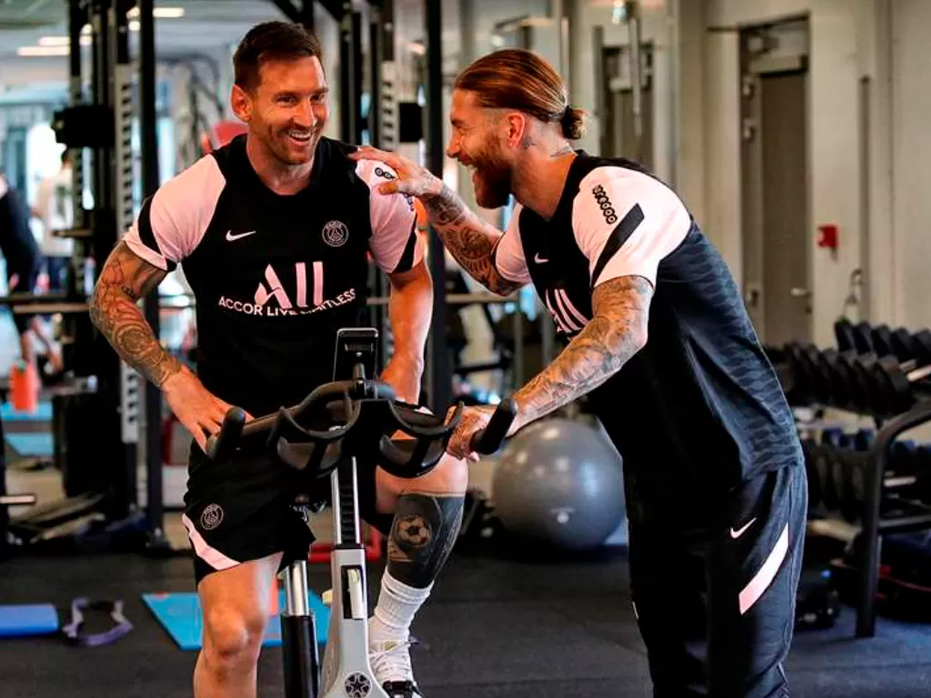 Lionel Messi dan Sergio Ramos latihan bersama di PSG (C. Gavelle/PSG)