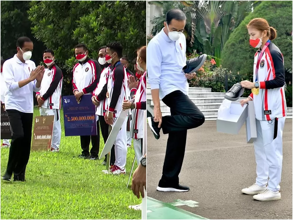   Presiden Joko Widodo menyerahkan bonus bagi para atlet maupun pelatih yang bertanding di Olimpiade Tokyo 2020 di halaman Istana Kepresidenan Bogor, Jumat (13/8/2021). (photo/ANTARA/Instagram/@jokowi)