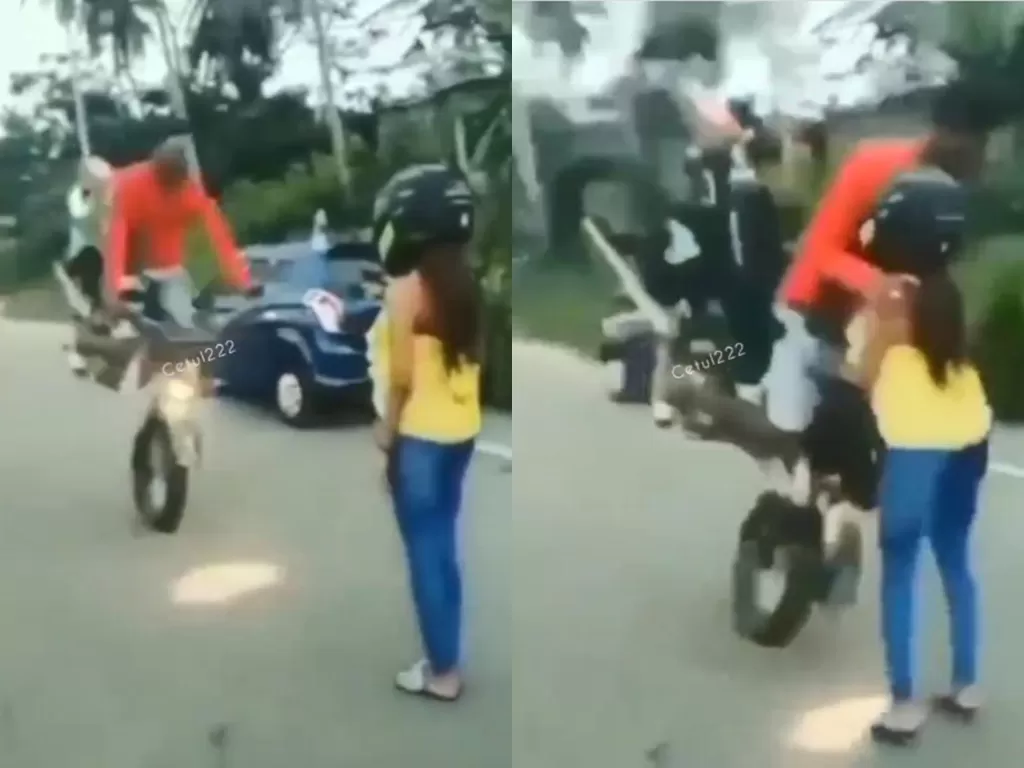 Pria tabrak ceweknya saat lakukan atraksi di atas sepeda motor (Instagram/cetul222)
