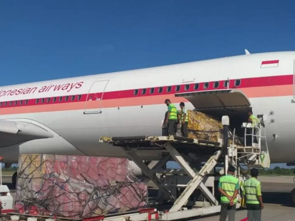 Petugas memuat manggis asal Sumbar ke pesawat di Bandara Internasional Minangkabau untuk diekspor ke Cina. (Antara/HO-Karantina Pertanian Padang)