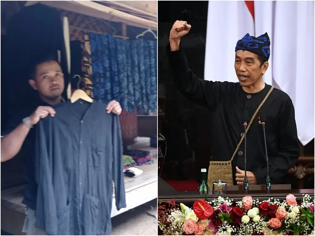 Kiri:Pakaian Kampret khas masyarakat Badui yang digunakan Presiden Joko Widodo pada Sidang Tahunan Bersama MPR. (photo/ANTARA/HO). Kanan: (photo/Instagram/@jokowi)