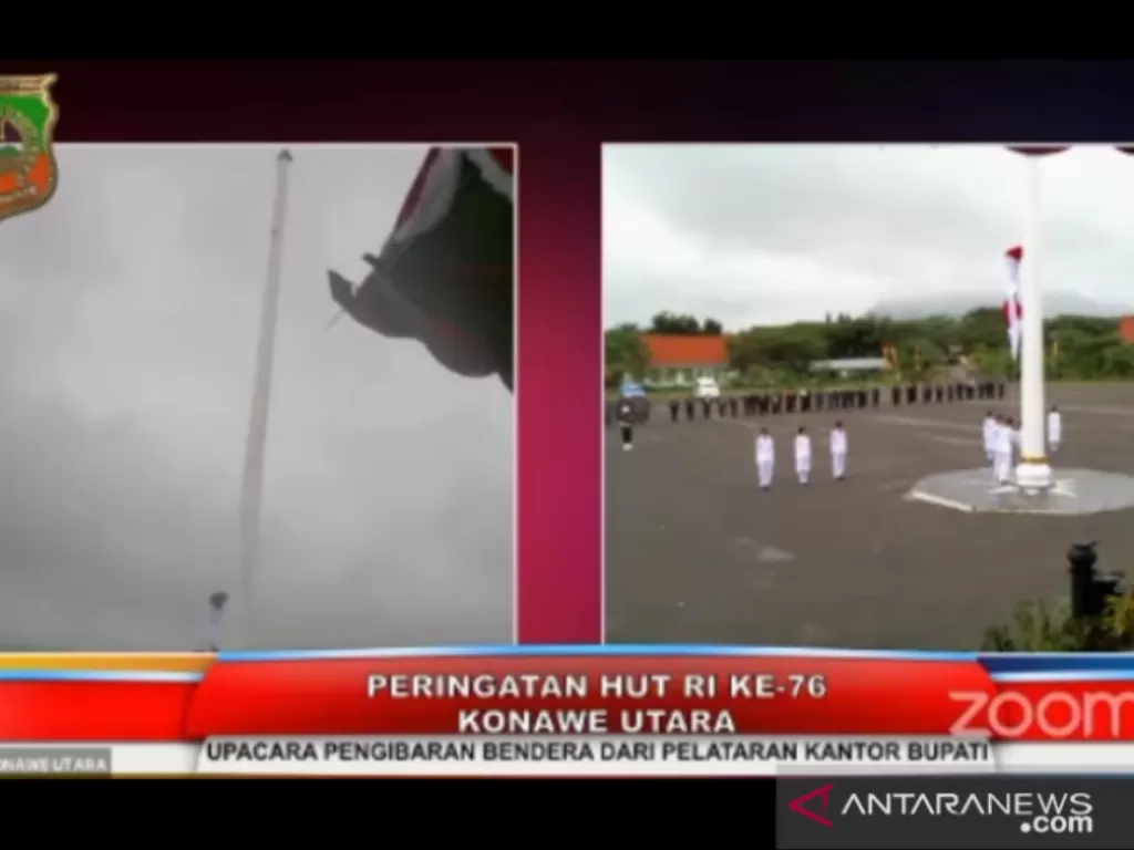 Tangkapan layar video bendera Merah Putih jatuh dari tiang saat upacara HUT ke-76 RI di Kabupaten Konawe Utara, Sulawesi Tenggara, Selasa (17/8/2021). (ANTARA/HO-Dok pribadi)