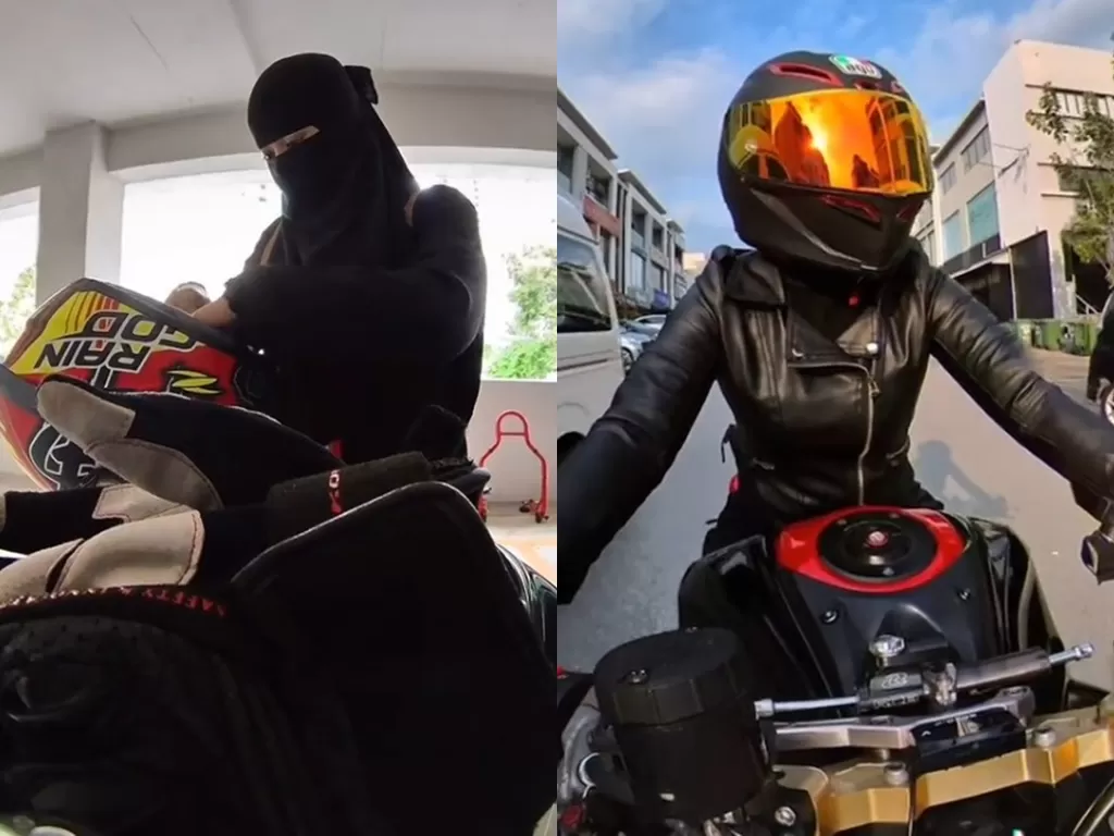 Meski menggunakan niqab, wanita ini tetap percaya diri naik motor gede. (Photo/TikTok/@syahiraaali)