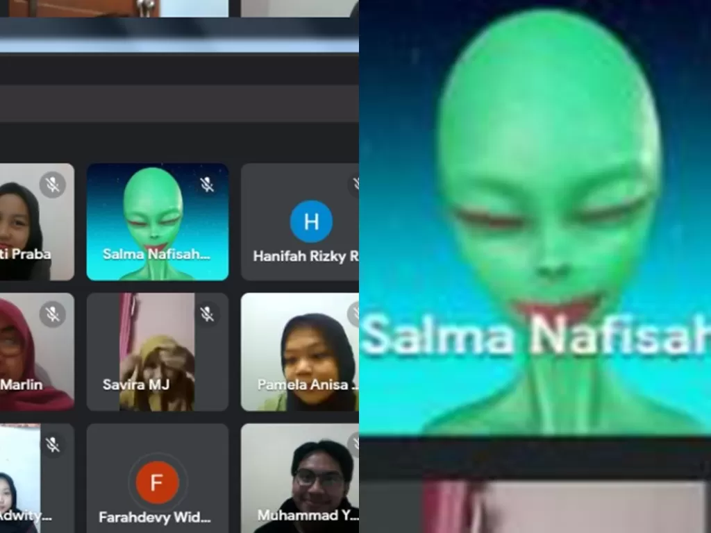 Seorang wanita tak mematikan filter alien saat sesi foto bersama diskusi online melalui Google Meet (Istimewa)