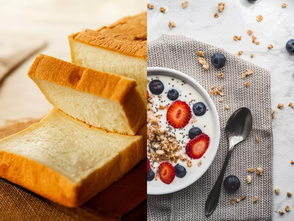 Ilustrasi roti putih dan yoghurt (Unsplash)