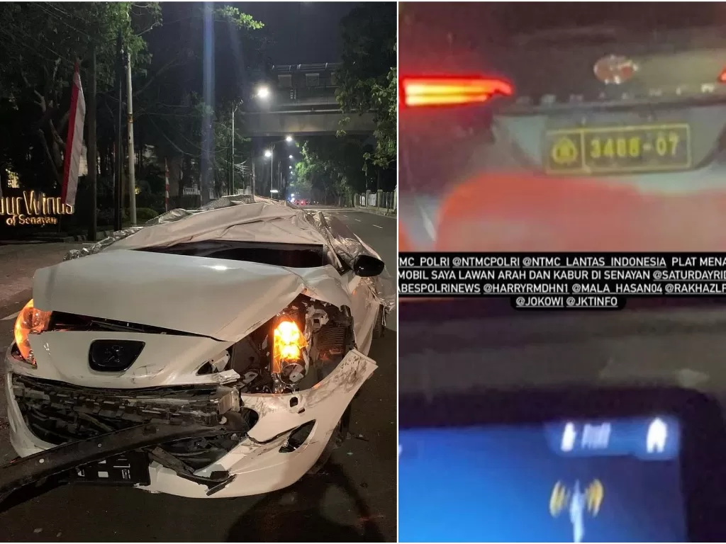 Mobil Peugeot mewah ringsek ditabrak mobil polisi di Jaksel. (Instagram)