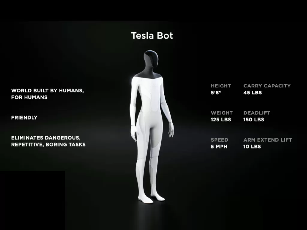 Tampilan Tesla Bot yang diumumkan oleh CEO Tesla, Elon Musk (photo/Tesla)