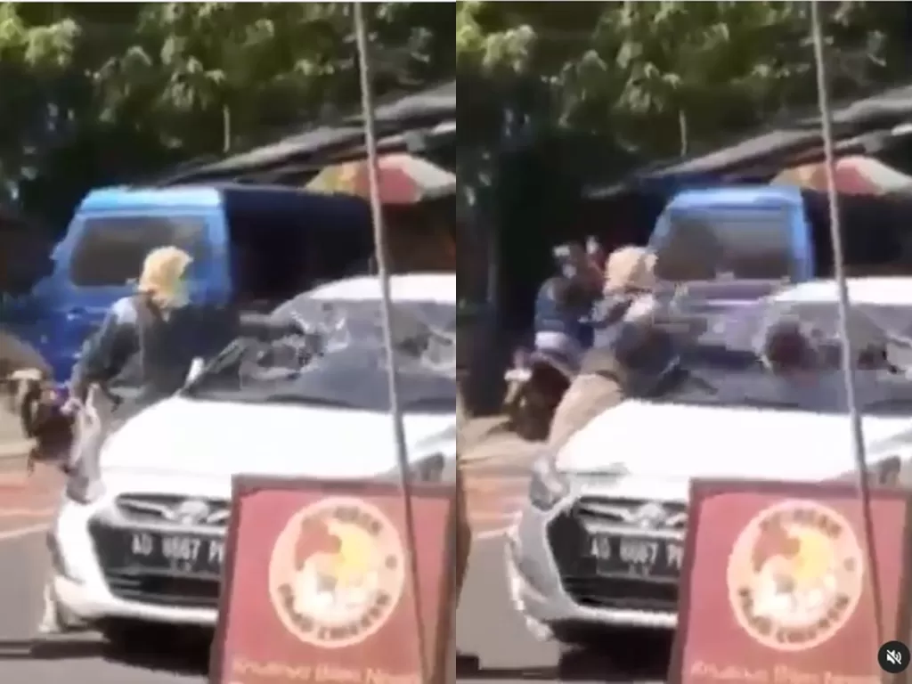 Wanita berseragam PNS hancurkan kaca mobil (Instagram/@memomedsos)