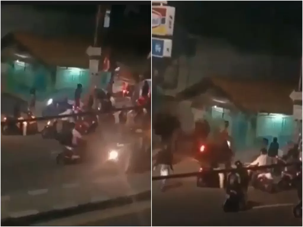 Aksi tawuran geng motor di wilayah Kabupaten Bekasi di Jalur Pantura Jalan Raya Rengas Bandung Kedungwaringin yang mengarah ke Jalan RE Martadinata Cikarang Utara pada Minggu (22/8/2021) dini hari. (photo/Istimewa)