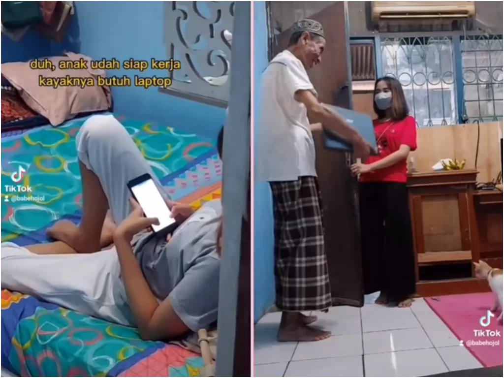 Cuplikan video sang ayah yang belikan laptop untuk anaknya. (photo/TikTok)